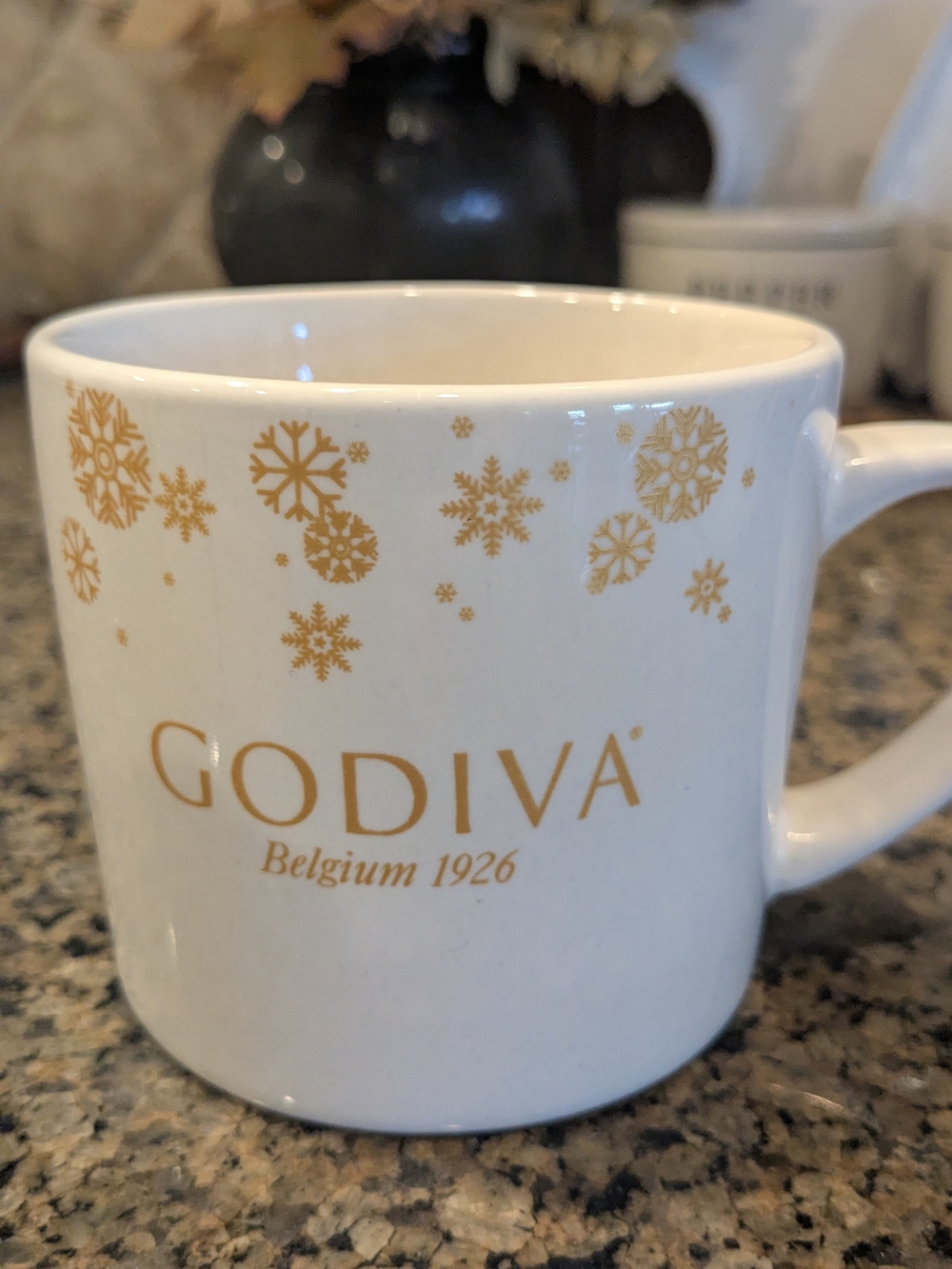 Godiva White Ceramic Mug with Gold Snowflake Accents